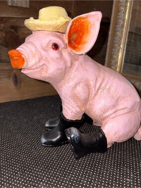 Cast Iron Pink Pig Figurine with Hat and Black Boots - Decorative Home Art